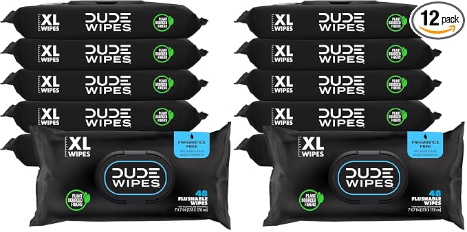 DUDE Wipes - Flushable Wipes - 12 Pack, 288 Wipes - Unscented Extra-Large Adult Wet Wipes - Vitamin-E & Aloe - Septic and Sewer Safe