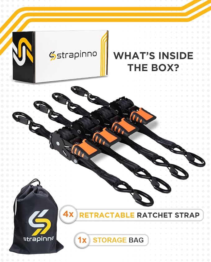 Strapinno 4pcs Retractable Ratchet Straps Bundle 1 in x 6 ft, Secure Tie-Downs with Rubber-Coated Steel Handles, S-Hooks & Durable Hardware for Daily Use with Breaking Strength - 1,500LBS/680KG Each
