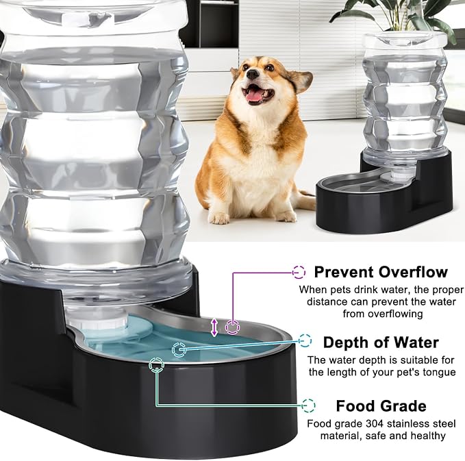 RIZZARI Dog Water Dispenser: 7L Black Stainless Steel Gravity Waterer - Helps Prevent Urinary Stones - Leak-Proof & Stable-Small to Medium Dogs & Cats- Daily Use-Long Hours Away & Home | Built-In Filtration,Clear Water Reservoir,Spill-Resistant Design,...