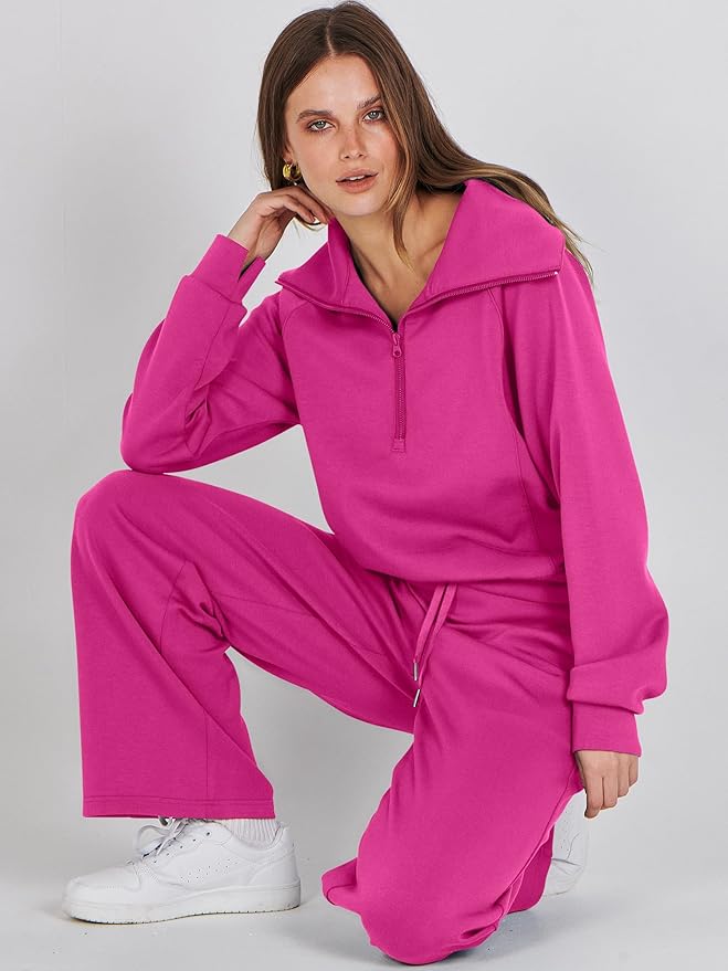 ANRABESS Women’s 2 Piece Outfits Half Zip Sweatshirt & Wide Leg Pants Airport Travel Lounge Matching Sets Sweatsuits Clothing