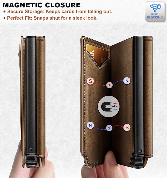 BULLIANT Men Wallet Leather Wallet Card Holders Money Clip for Men 10Cards-Magnetic Flip on Metal Case