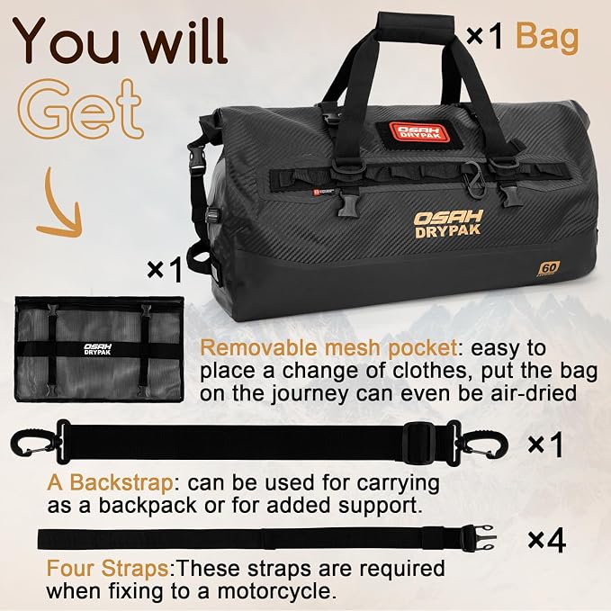 OSAH DRYPAK Waterproof Duffel Bag 25L/40L/60L – Heavy-Duty Motorcycle Tail Bag, Roll-Top Dry Bag for Travel, Camping, Boating, Kayaking, Outdoor Adventure