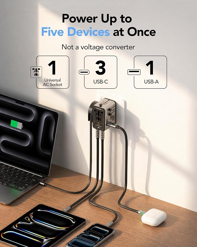 Mfish 75W Universal Travel Adapter with Retractable USB-C Cable, 3 USB-C & 1 USB-A, 1 AC Outlet, International Wall Charger for MacBook, iPhone, iPad, EU/UK/US/AUS, Type A/I/G/C, Grey