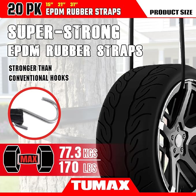 20PCS Rubber Tarp Straps Assorted Sizes with 150% Max Stretch, 100% EPDM Bungee Cords with Hooks, Ideal for Securing Tarps, Cargo, Canvases, 15", 21", 31"