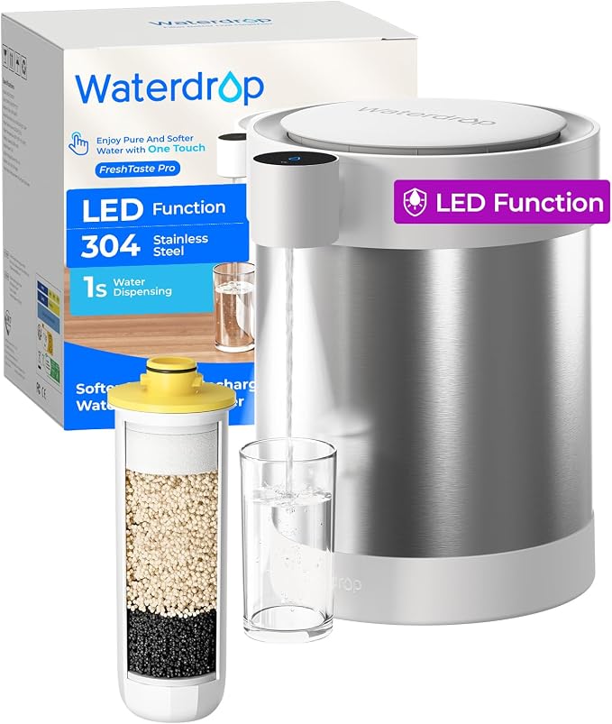 Waterdrop ED09W Rechargeable Non-Gravity Water Filter System with LED Function, Reduces 70+ Contaminants, Lead, Chlorine, 5-Stage Stainless Steel Filtration System, 22-Cup