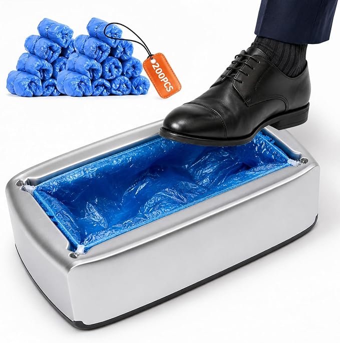 Automatic Shoe Cover Dispenser with 200 PCS Disposable Boot Covers, Hands-Free Step-On Machine, No Electricity, Non-Slip & Reusable, Fits Most Sizes for Home Office Lab & Medical Use