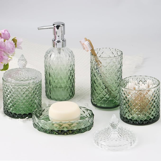 5Pcs Glass Bathroom Accessories Set,Green Vintage Bathroom Accessory Set, Bathroom Counter Sink Toothbrush Holder Set Includes 13.5oz Hand/Lotion Soap Dispenser & Tumbler & Soap Dish & Qtip Holders