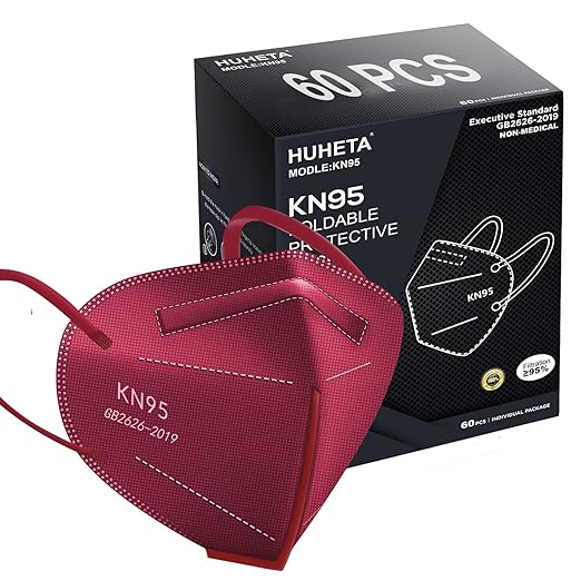 HUHETA KN95 Face Mask 60 PCs, 5-Ply Safety Masks for Men and Women, Filter Efficiency Over 95% (Red Mask)