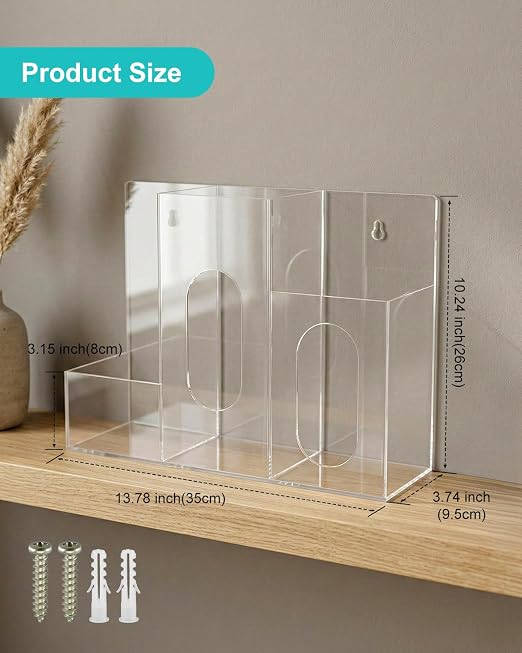 Acrylic Hygiene Station, 3 Compartment Clear Hygiene Supply Dispenser, Wall-Mountable or Countertop PPE Station for Face Masks Gloves Hand Sanitizer Tissues for Office Clinic Restaurant School