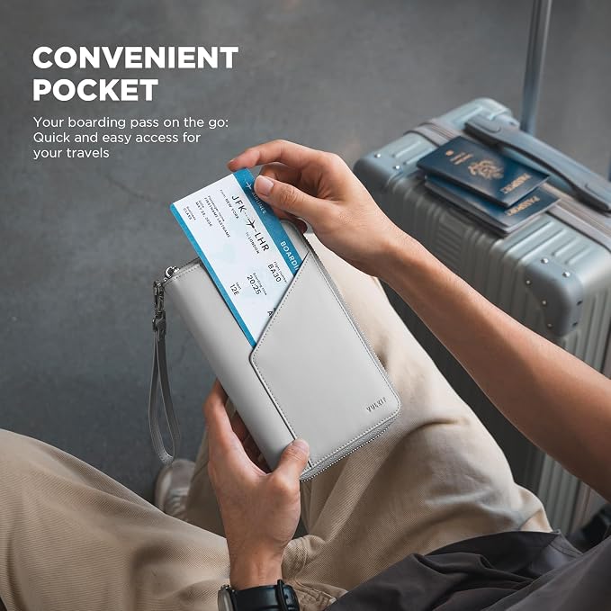 VULKIT Family Passport Holder for 4 Passports - RFID Blocking Travel Wallet Holds Up to 5, Organizer with 4 Slots for Cards & SIM, Secure Zipper Closure, Family Travel Essentials (Grey)