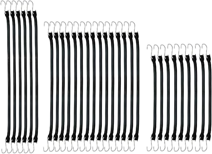 30PCS Rubber Tarp Straps Assorted Sizes with 150% Max Stretch, 100% EPDM Bungee Cords with Hooks, Ideal for Securing Tarps, Cargo, Canvases, 15", 21", 31"