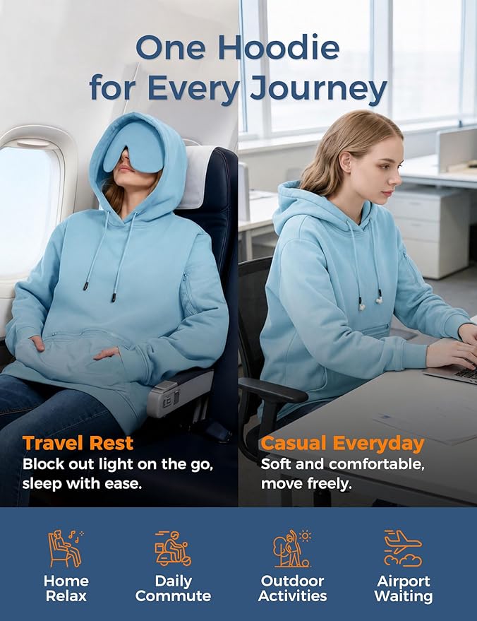 Travel Hoodie with Built-In Eye Mask for Airplane Travel Breathable Comfort Pullover Sweatshirt Multiple Pockets