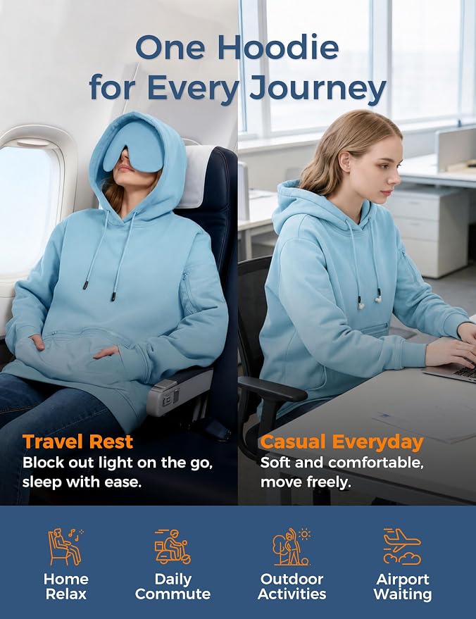 Travel Hoodie with Built-In Eye Mask for Airplane Travel Breathable Comfort Pullover Sweatshirt Multiple Pockets