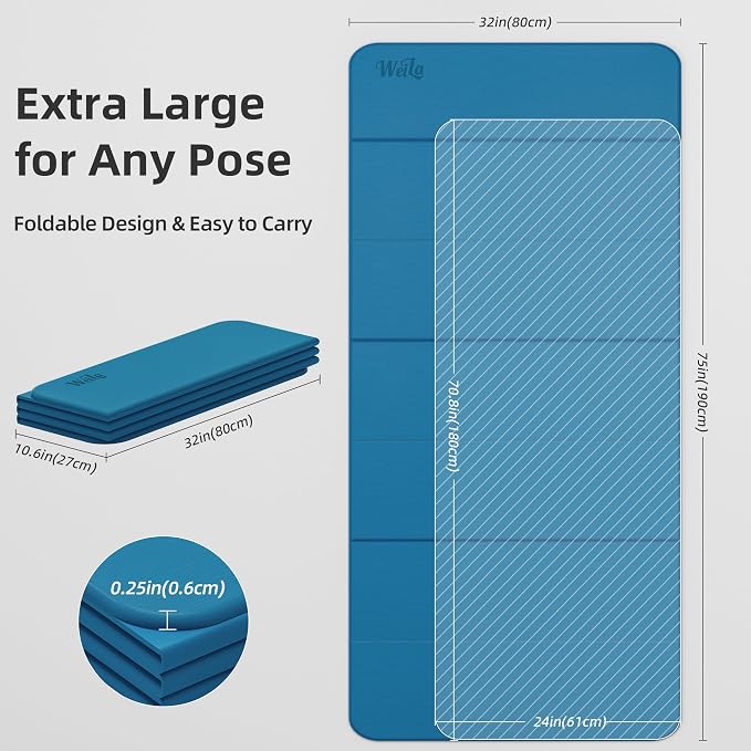 Foldable Yoga Excercise Mat 71"L x 24"W, Odourless Light Weight POE Mat For Home Fitness and Gym Workouts, 1/4 inch Non-slip design for All Types of Yoga Pilates