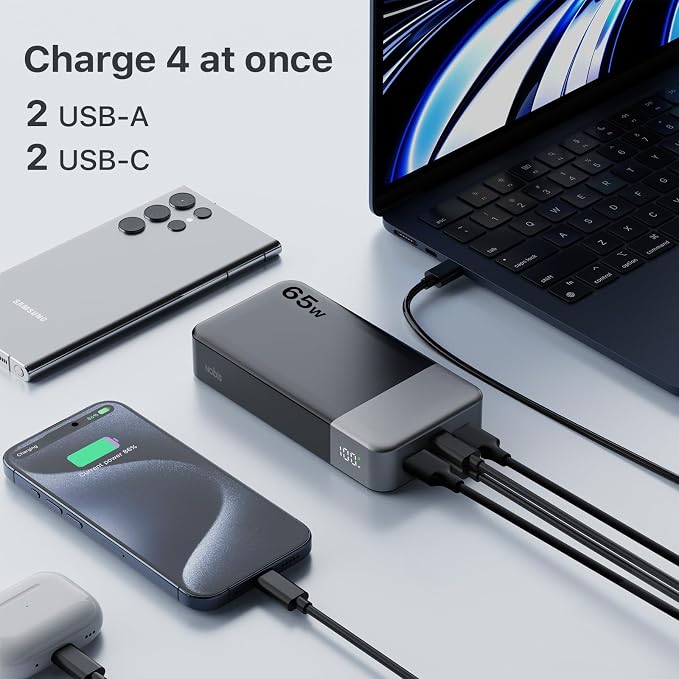 NOBIS 20000mAh Battery Pack Power Bank 65W Power Bank, Portable Charger with Digital Display, Dual USB-C/USB-A Fast Charging for Laptop, Phone, Tablet, Travel-Friendly External Battery Pack