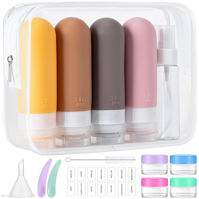 16pack Travel Bottles for Toiletries, TSA Approved LeakProof Squeezable Silicone Toiletry Containers for Shampoo, Conditioner, 3oz Portable Refillable Traveling Size Liquid Containers (16Pcs/Apricot)