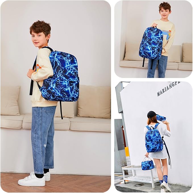 mezhsa Boy School Backpack Elementary Middle Lightning Bookbag Laptop Teenager Waterproof Lightweight 17 Inches (1-Blue)