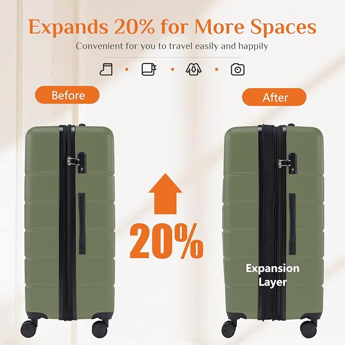 Sweetcrispy 28 Inch Carry on Luggage, Hard Shell ABS Suitcase with Double Spinner Wheels, Lightweight Expandable Rolling Suit Case with TSA Lock, Green