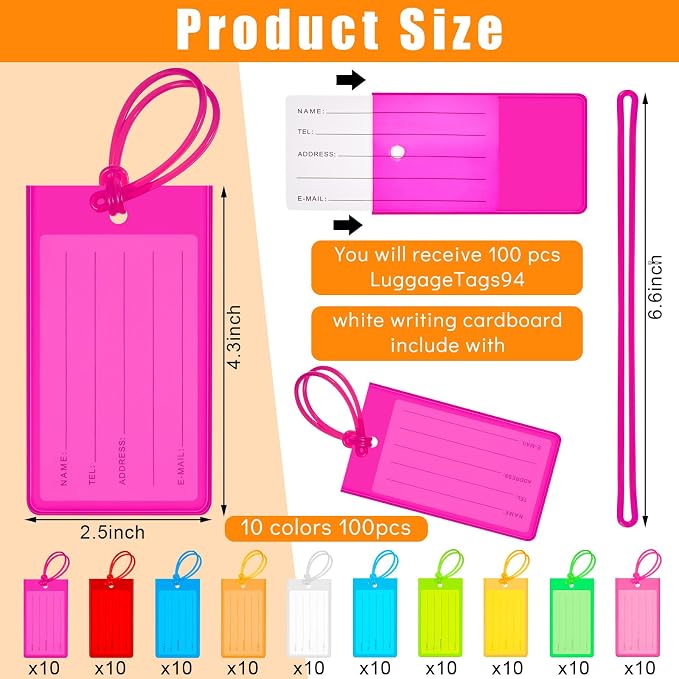 Sumind 100 Pcs Plastic Luggage Tags Assorted Name Identification Labels Flexible Suitcase Tags for Travel Baggage, 10 Colors (Plastic)