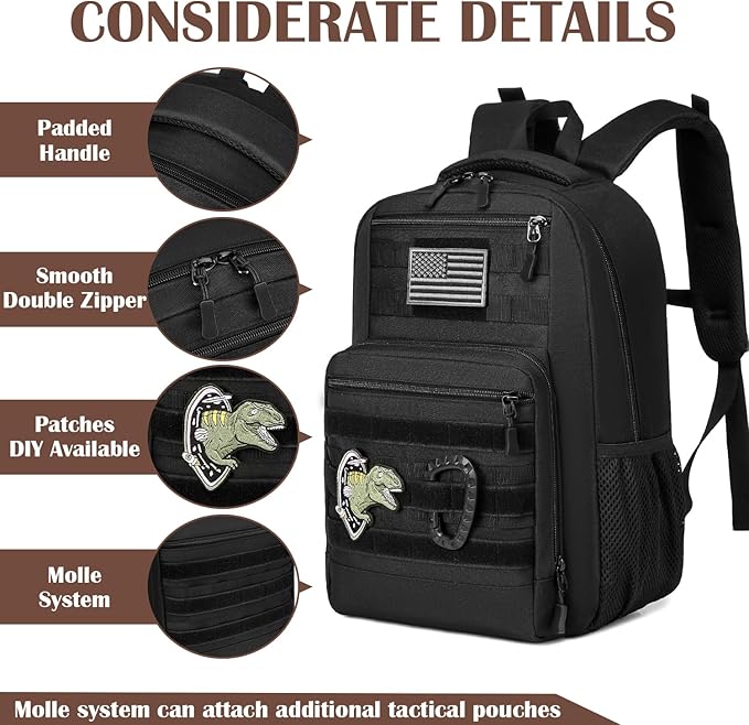 Kids Tactical Backpack Army Molle Bookbag Military Boys Backpack for School, Outdoor, Camping, Black