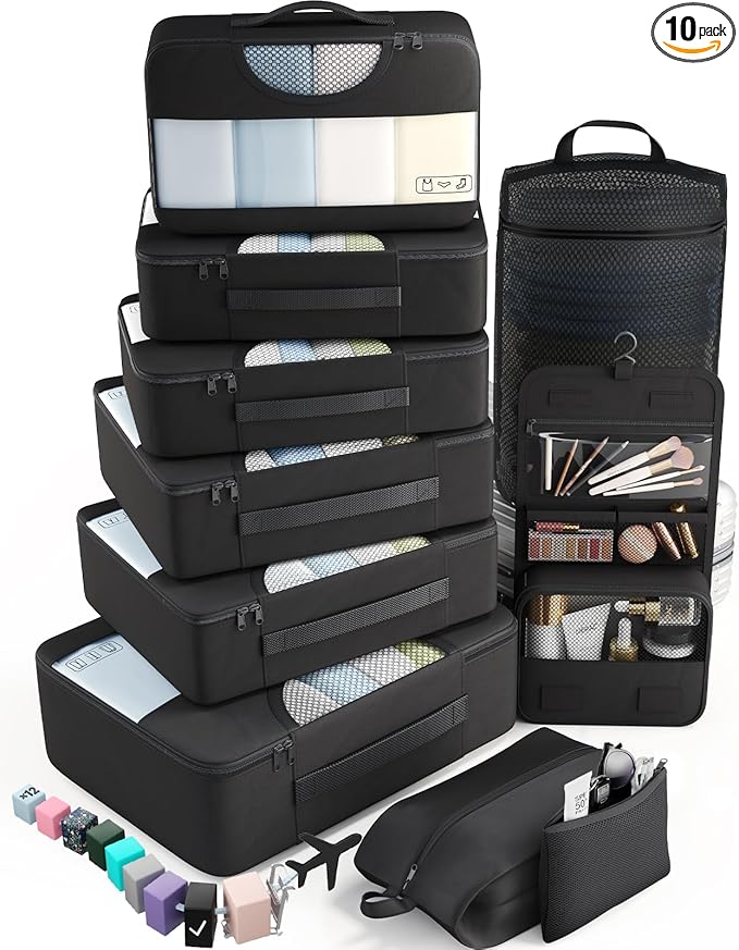 Veken 10 Set Packing Cubes for Travel Essentials, Suitcase Organizer Bags in 4 Sizes, Carry-On Luggage Accessories with Large Laundry Bag & Passport Holder, Must-Have for Airplane, Road Trip & Camping