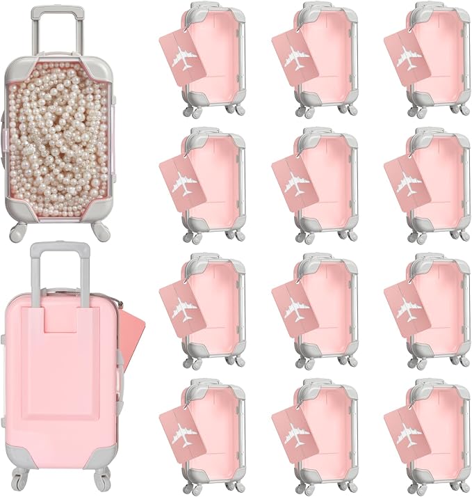 Teecyhooo 12 Pcs Mini Suitcase Party Favor Boxes and 12 Pcs Metal Luggage Tags with Card, Clear Mini Luggage Gift Boxes for Girls Wedding Travel Birthdays Bachelorette (6.69 x 3.74 x 1.97 Inch,Pink)