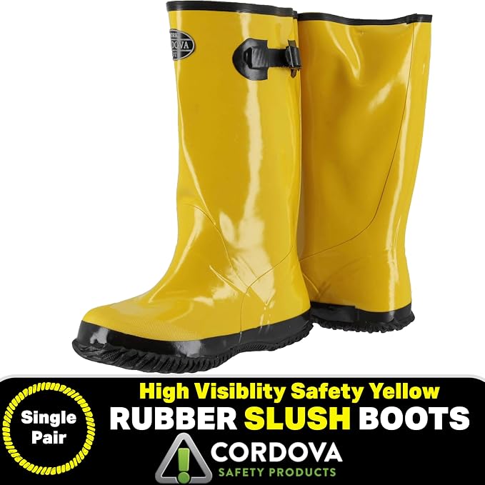 Yellow Slush Boots with Black Ribbed Sole, Cotton Lined, 17-Inch Length, Over-The-Shoe Style