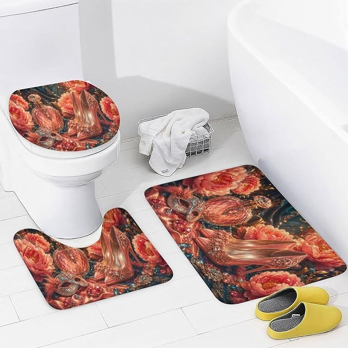 Floral Embellished High Heels Perfume Bathroom Rug Set 4 Piece with Shower Curtain Non Slip Bath Mat Set Microfiber Bathroom Decor Toilet Lid Cover U Shape Rug Waterproof Bathroom Accessories