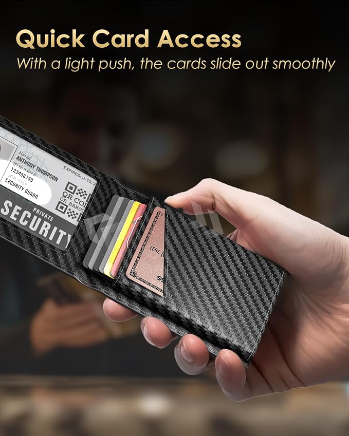 2026 Upgraded Minimalist Wallet for Men - RFID Blocking Credit Card Holder Case Leather Pop Up Aluminum Wallet with Cash Slot, Front Pocket ID Window Gift Boxed (Carbon Fiber - with Airtag Holder)