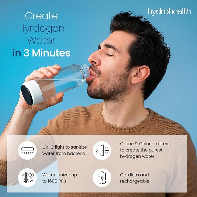 Hydrohealth Hydrogen Water Bottle for Kidney, Liver, Heart & Gut Health | 1600PPB with Advanced SPE/PEM Technology Filter | Rechargeable & Portable | Increase Energy, Strength & Metabolism - Pack of 1