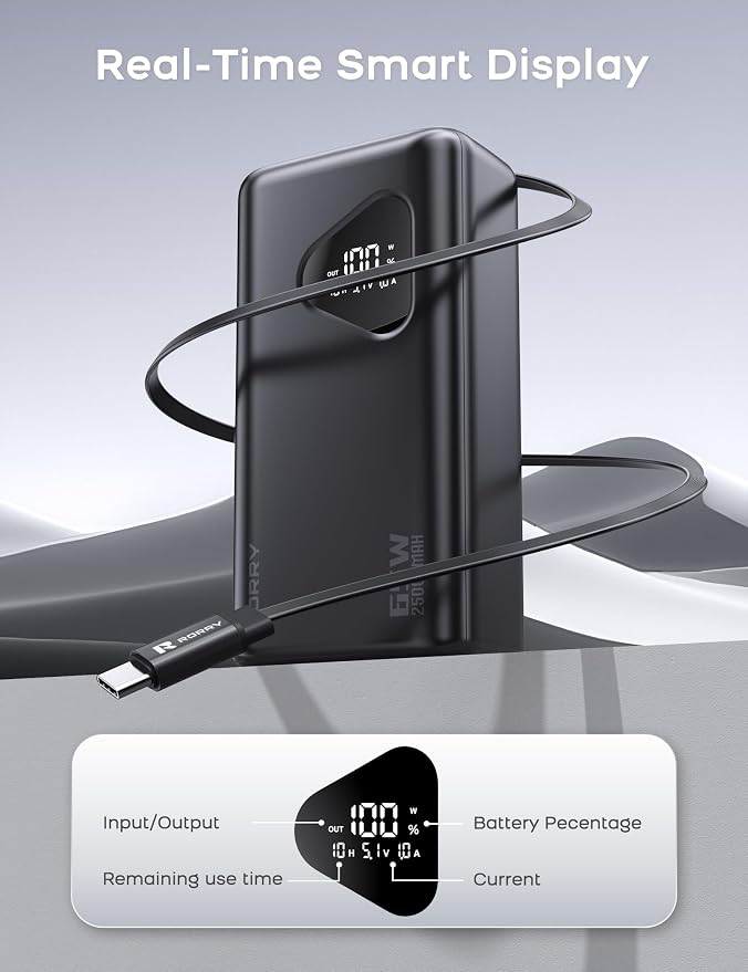 RORRY Laptop Power Bank, 25000mAh 65W Portable Laptop Charger Battery Bank PD Fast Charger Built in Retractable Cables, for iPhone 17/16/15 Series, MacBook, Samsung, Dell, XPS, iPad, Steam Deck, Black