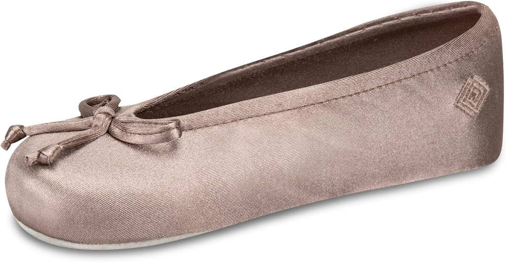 Isotoner Women's Satin Ballerina Slippers with Classic Ribbon Bow and Suede Sole