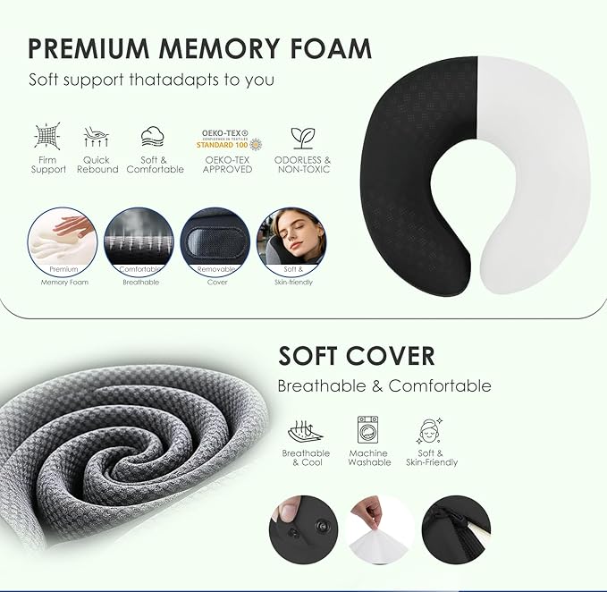 jiaao Neck Travel Pillow Memory Foam 360° Neck Support Pillows for Airplane | Ergonomic Neck Pillow for Long Flight, Airplanes, Cars & Trains, Kit with Eye Mask, Earplugs and Storage Box