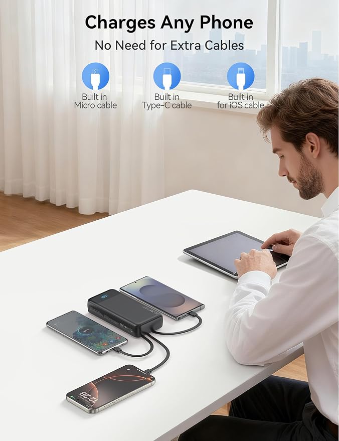 Nusyddy Portable Charger 20000mAh 22.5W w/4 Built-in Cables/6 Outputs Black | High capacity, Fast Charge, LED Display, Pass Through Charging, Charge 6 Devices at once, TSA Approved, Fits iPhone, Samsung