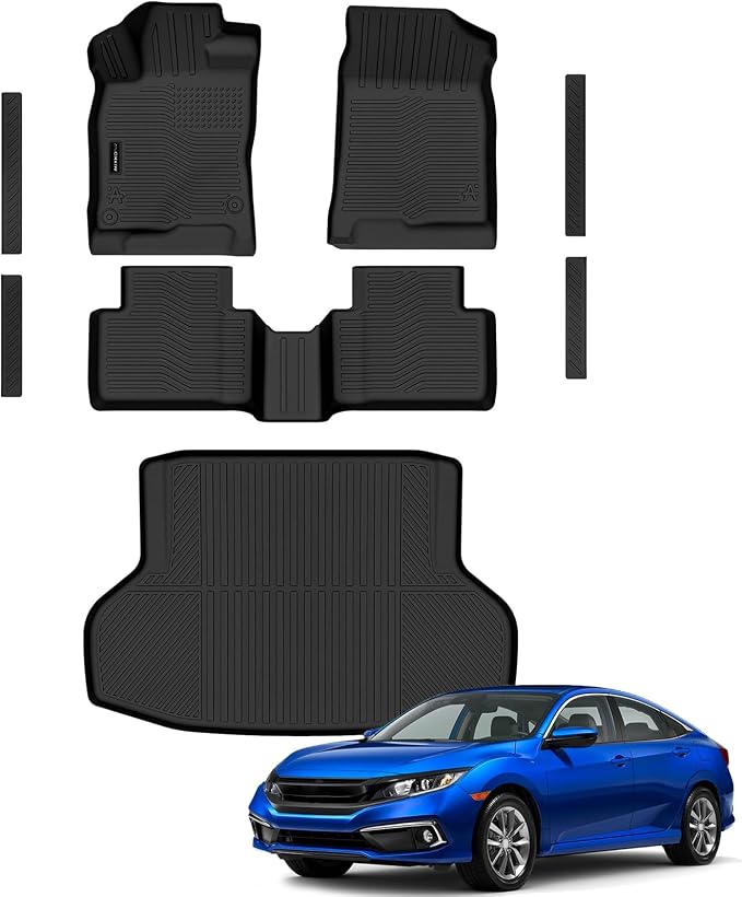 Auxko All Weather Floor Mats Cargo Mat & Door Sill Protector for Honda Civic Sedan 2016-2021 TPE Liners Accessories Guard Odorless Anti-Slip Floor Trunk Liner