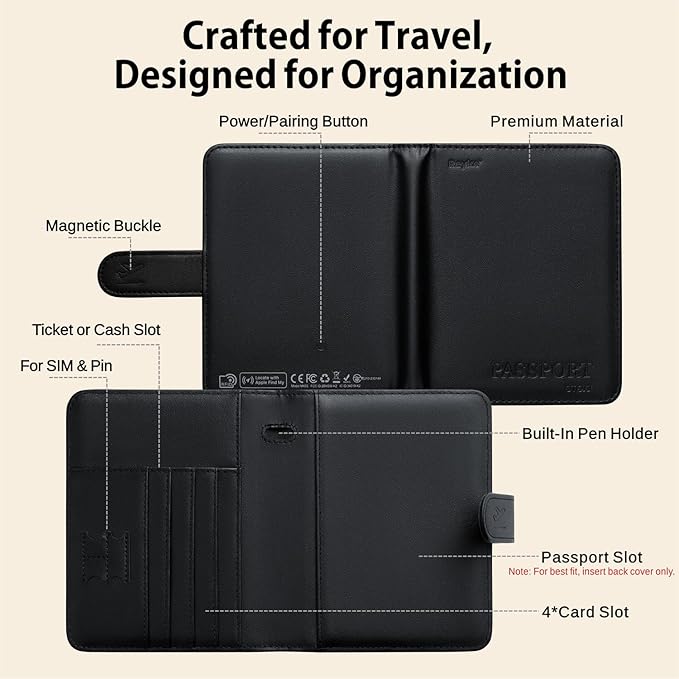Reyke Passport Holder for Travel with Built-in Tracker, Works with Apple Find My (iOS Only), No Charging Required, Up to 5 Years Battery Life, RFID Blocking Passport Cover Wallet for Men &Women