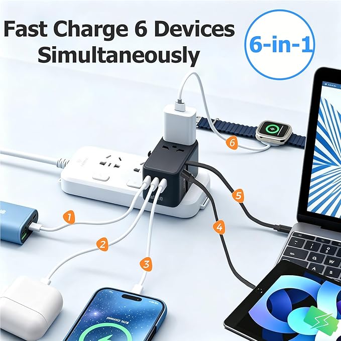 JMFONE 70W GaN Universal Travel Adapter, Retractable USB-C Cable + 4 USB-Port + 2500W AC Outlet, International Power Adapter with US EU UK AUS Plugs for 200+ Countries, Fast Charging Laptops Phones
