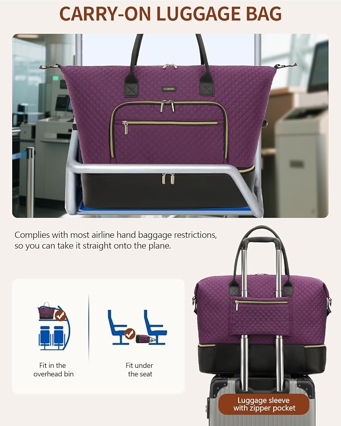 Weekender Bags for Women Travel, Under Seat Carry On Bags for Airplanes Overnight Bag with Shoe Compartment Luggage Sleeve, Foldie Travel Tote Bag Hospital Bag, Travel Gifts, Purple Black