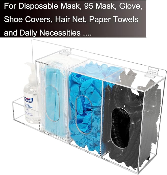 SEANADO Hand Sanitizer and Glove Holder Dispenser with Lid, Clear Acrylic 4 Compartments Hygiene Station for Disposable Face Mask, Shoe Cover, Hairnets - Wall Mount or Tabletop