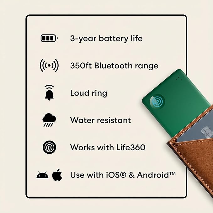 Tile by Life360 Slim - Wallet Finder, Bluetooth Tracker and Item Locator for Luggage Tags, Passports and More. Both iOS and Android Compatible. Phone Finder. 1-Pack (Green Surf)