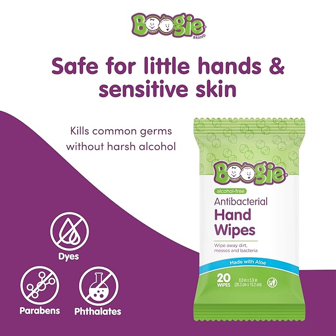Boogie Antibacterial Hand Wipes - 100 Count - Hypoallergenic & Alcohol-Free - Travel and Diaper Bag Essential