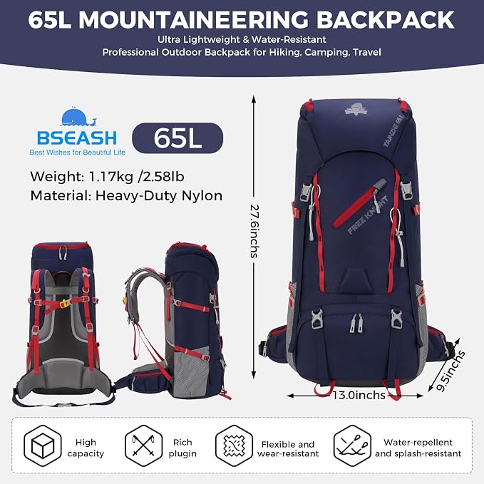 Bseash 65L Waterproof Hiking Camping Backpack with Rain Cover, Outdoor Sport Travel Daypack for Climbing Touring (Navy Blue)