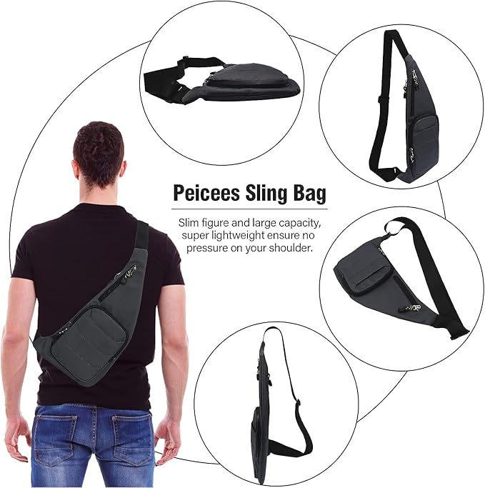 Peicees Water-resist Sling Bag Crossbody Bag for Men Slim Chest Backpack Man Purse Small Shoulder Bag for Travel Hiking