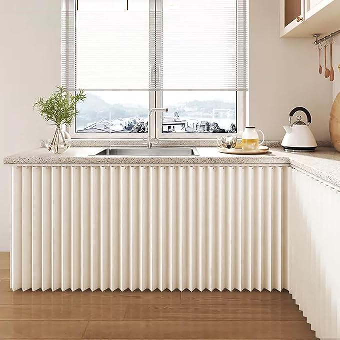 Accordion Cabinet Curtain with Silent Slide Rail,Folding Dust-Proof Shelf Cover for Kitchen & Pantry,No Drill Track Installation for Cupboard,Under Sink & Shoe Rack(Off White,70.9" Wx39.4 L)