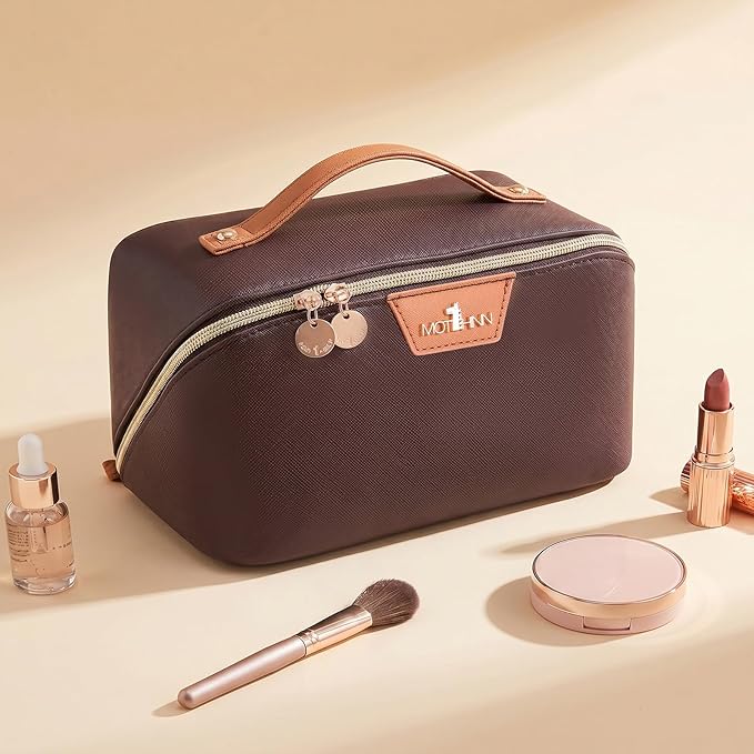 Travel Makeup Bag for Women: 3-in-1 Large Capacity Cosmetics Organizer with 2 Detachable Pouch - Vegan Leather Flat Open Toiletry Bag - Travel Essentials for Full-Sized Bottles(Coffee)