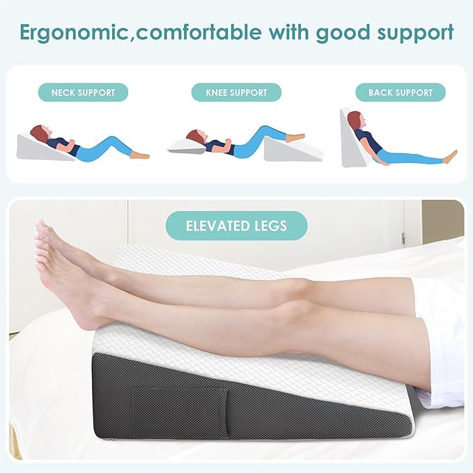 Cozymaker 7.5" Bed Wedge Pillow for Sleeping After Surgery, Back Support, Leg Elevation, Gerd Acid Reflux, Neck Pain, Snoring, Cooling Memory Foam Triangle Incline Wedge, Removable Washable Cover