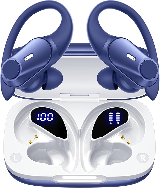Active Noise Cancelling Ear Buds Wireless Earbuds 80H Playtime Bluetooth Headphones with LED Display Case, Hi-Res Audio Clear Calls Earphones with Over Ear Hooks for Running Gym Workout Travel Blue