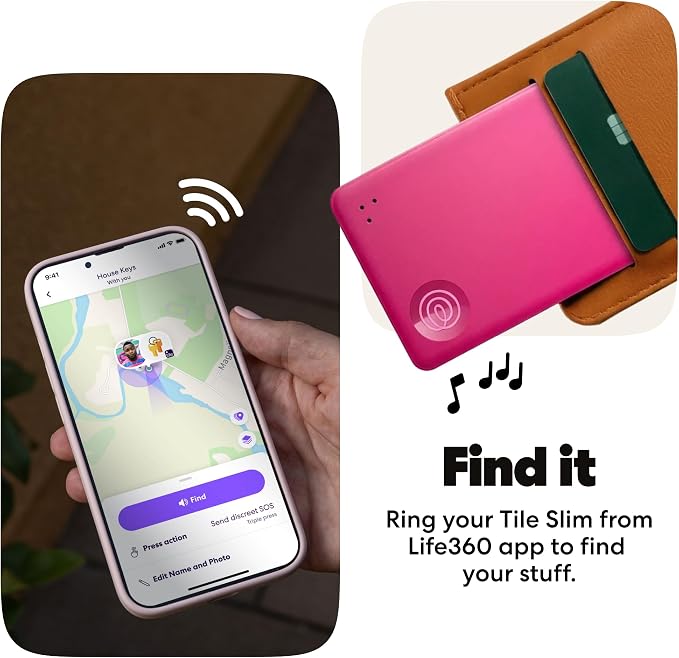 Tile by Life360 Slim - Wallet Finder, Bluetooth Tracker and Item Locator for Luggage Tags, Passports and More. Both iOS and Android Compatible. Phone Finder. 1-Pack (Pink Punch)