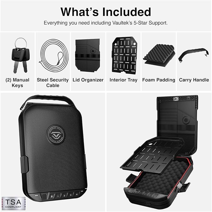 VAULTEK LifePod 20 Full-Size Biometric Lockable Weatherproof Case with Built-in Lock, Steel Security Cable, & TSA Handgun Case or Car Safe, Portable Travel Pistol Safe/Covert Black/Biometric