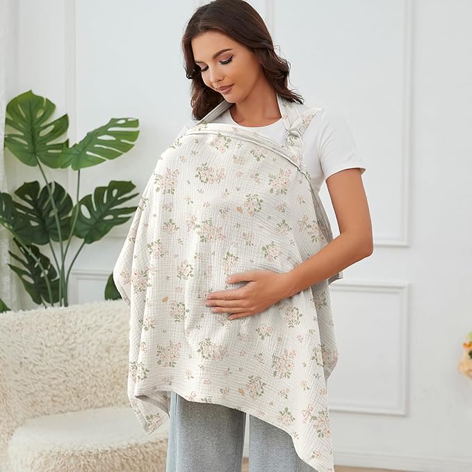 Muslin Nursing Cover for Baby Breastfeeding, Breathable 100% Cotton Breastfeeding Cover with Rigid Hoop for Mother Nursing Apron (Floral Love)